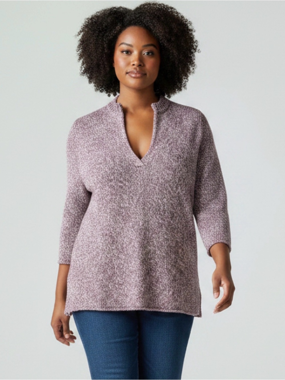 J. Jill Purple Heathered Silk Cotton Relaxed Pullover Sweater 3/4 Sleeve Size 2X